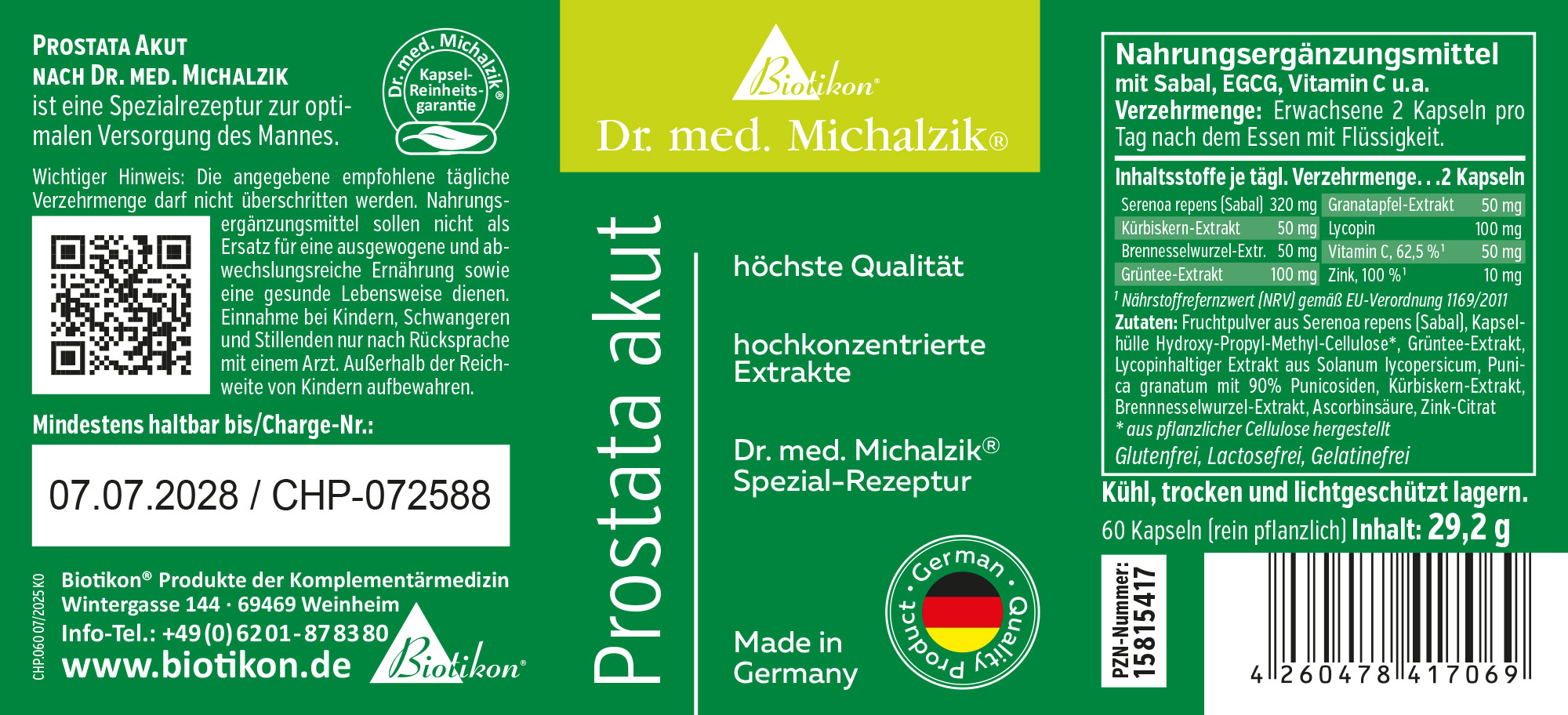 Suplemento Prostata Akut - 60 Cápsulas Suplemento en envase verde, 60 cápsulas con diversos extractos, fabricado en Alemania.
