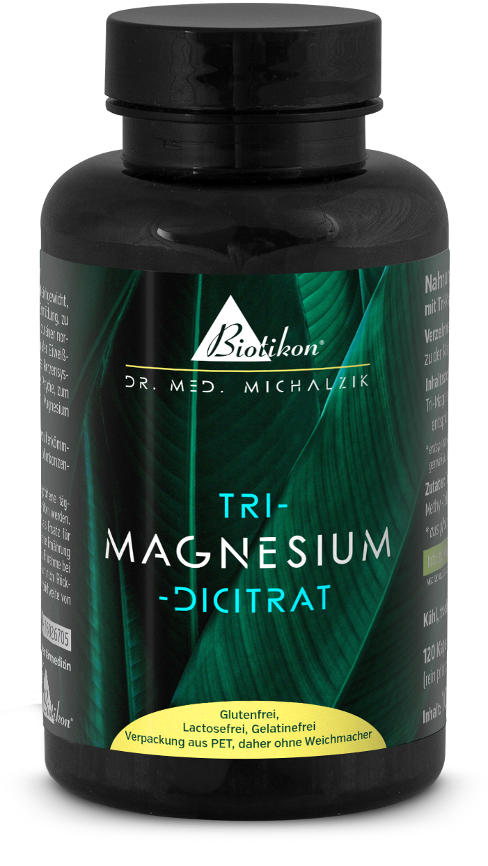 Tri-Magnesio Dicitrat 120 Cápsulas Botella de Tri-Magnesio Dicitrat, 120 cápsulas, diseño negro, fondo con hojas verdes.