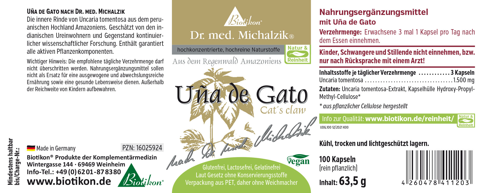 Suplemento de Uña de Gato, 100 cápsulas en envase PET, vegano, etiquetado verde.