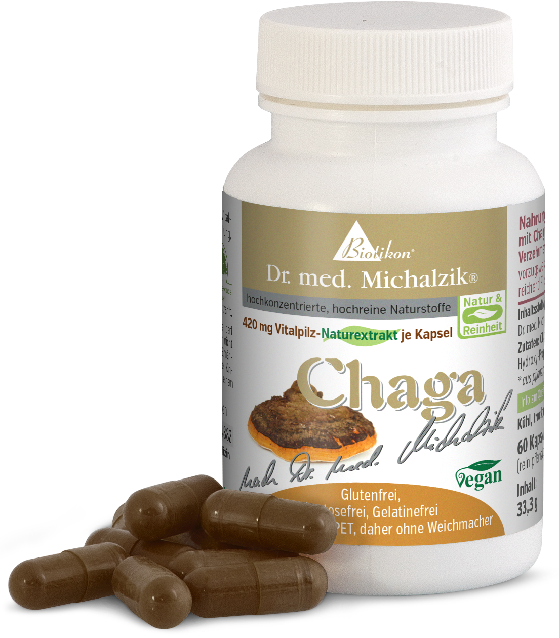 Chaga 420 mg – Cápsulas Cápsulas de extracto de hongo Chaga Vital, 60 piezas, cápsulas marrones en primer plano, botella al fondo.