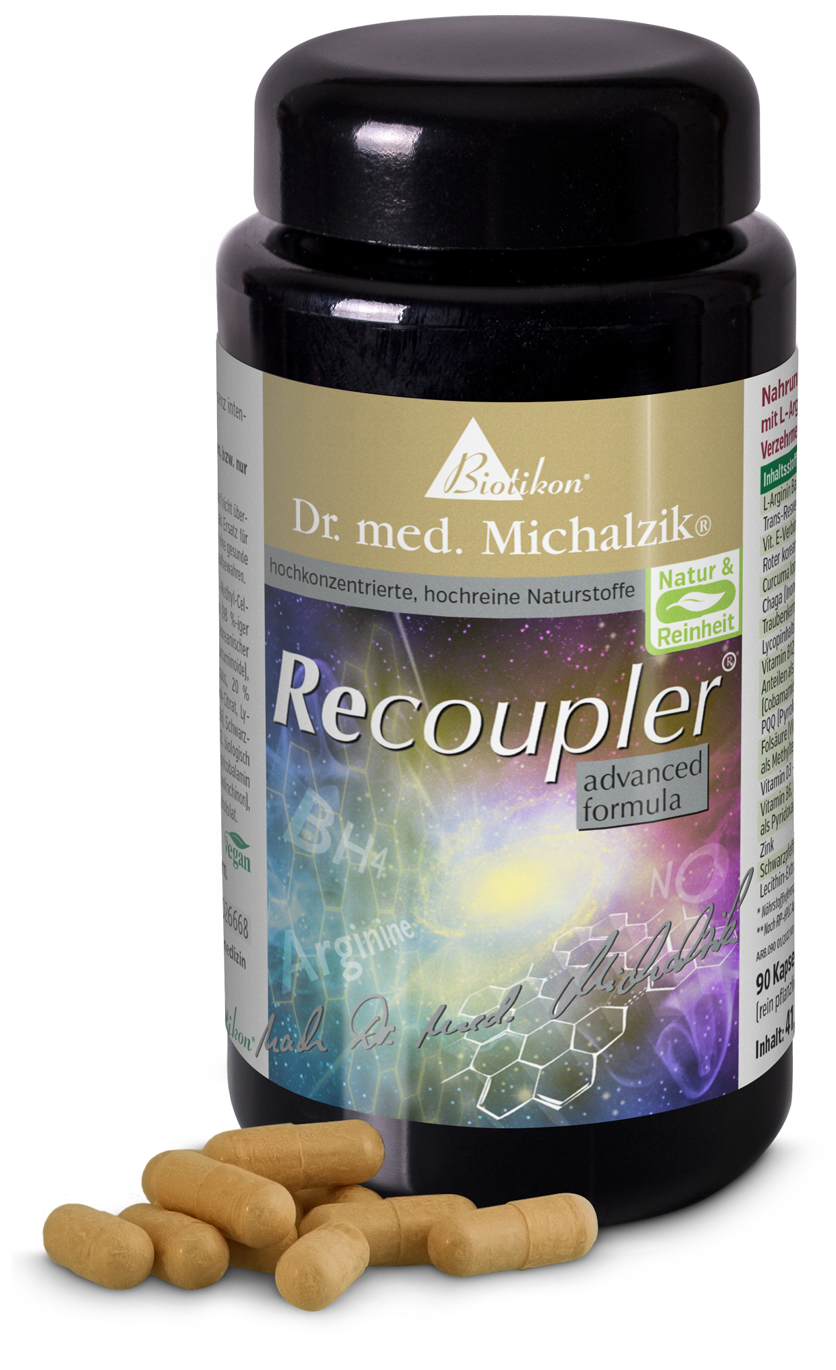 Recoupler – 90 cápsulas Suplemento alimenticio en frasco oscuro, 90 cápsulas, color beige, vista lateral.