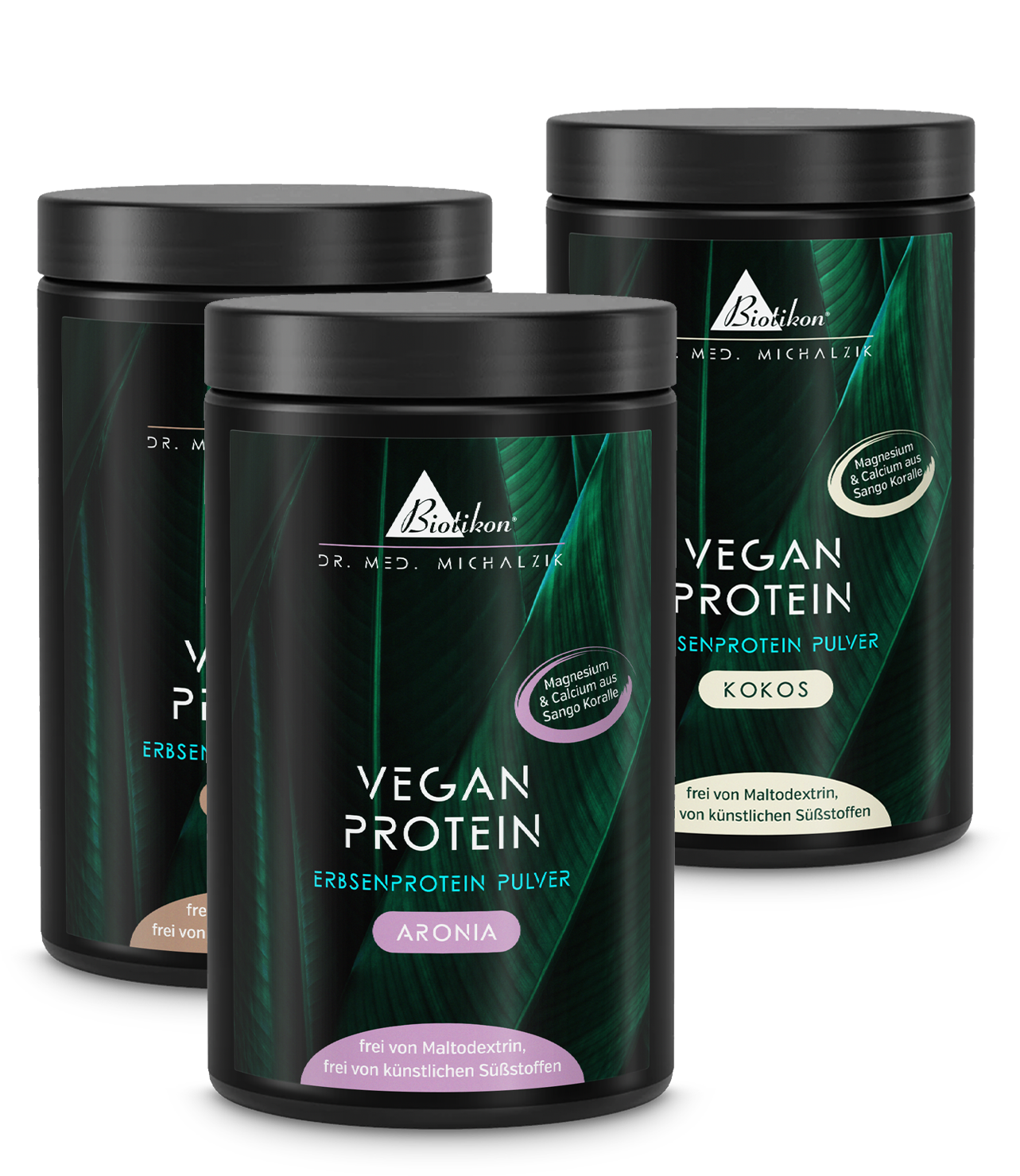 Tres botes de proteínas vegetales en sabores: Aronia, Cacao y Coco.