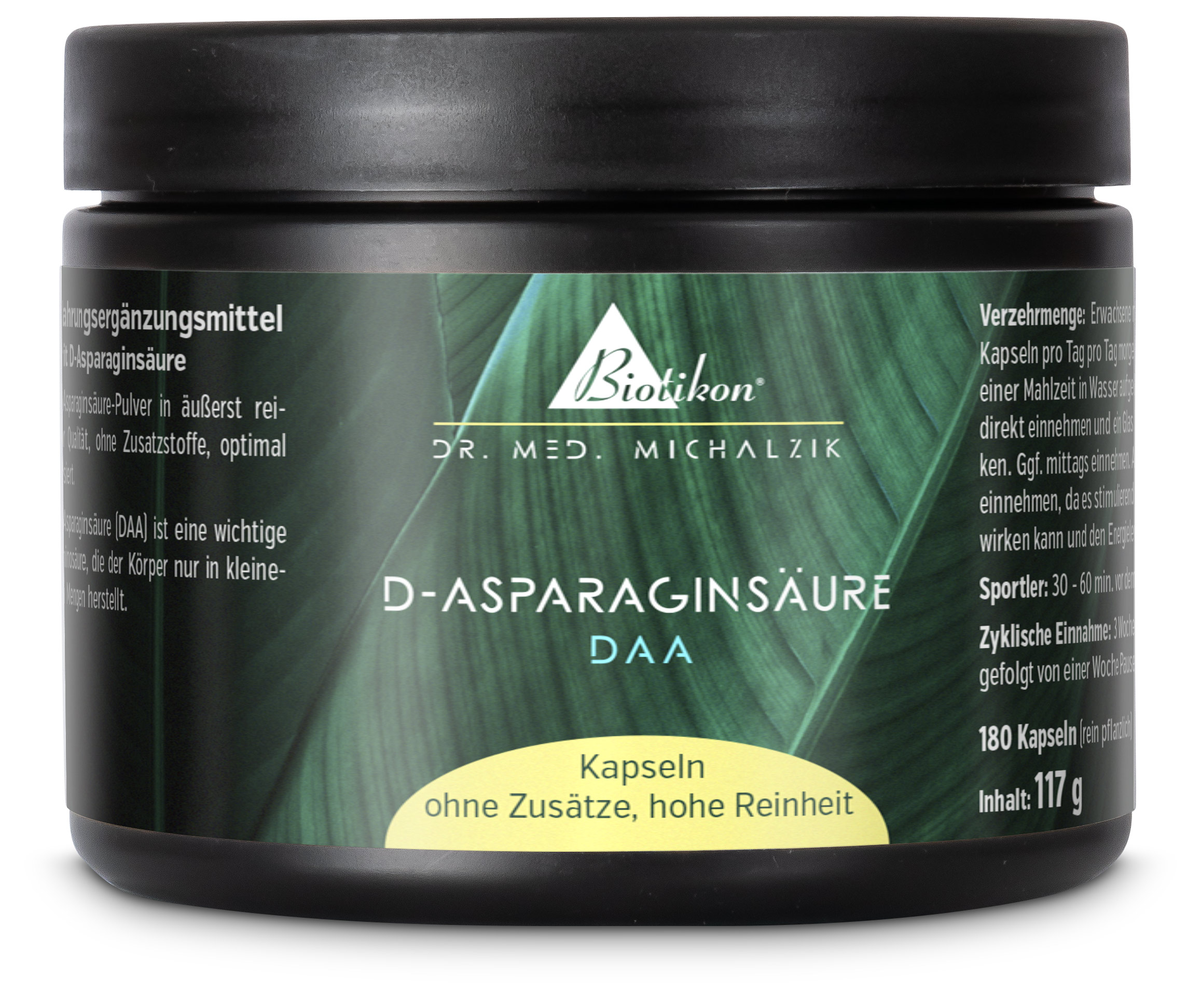 D-Aspartato de sodio 180 cápsulas - Suplemento dietético Cápsulas de D-Aspartato de sodio, 180 unidades, frasco negro, alta pureza, vista lateral
