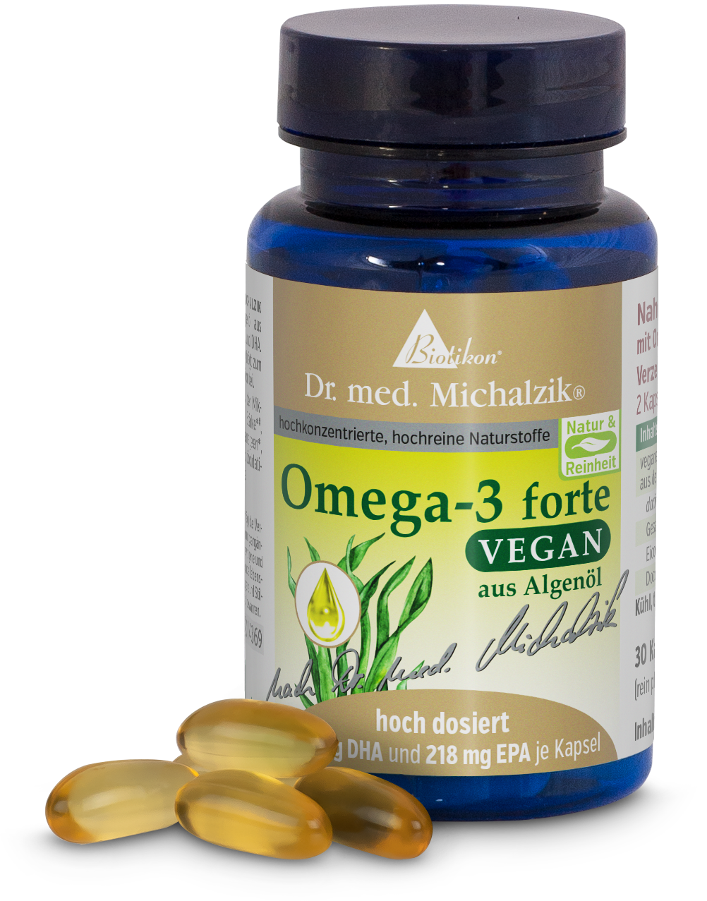 Botella negra de cápsulas con 30 cápsulas veganas de Omega-3 de aceite de algas, diseño colorido y de alta calidad.