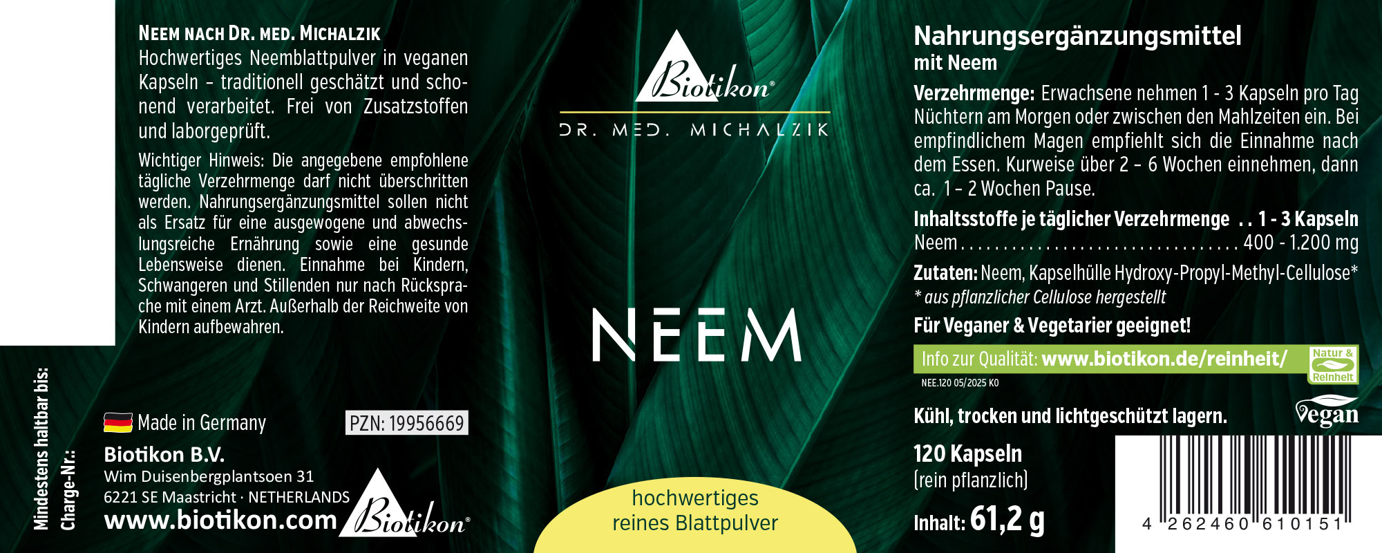 Polvo de Neem 120 cápsulas – 100% vegetal 120 cápsulas veganas con polvo de hoja de Neem de alta calidad, empaquetadas en tonos verdosos, vista frontal.