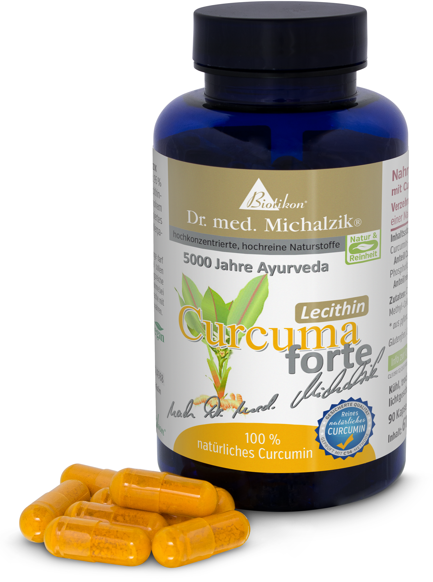 Curcuma Forte – 90 Cápsulas Cápsulas de curcumina natural en botella de vidrio azul, 90 unidades, cápsulas de color amarillo-naranja, vista frontal