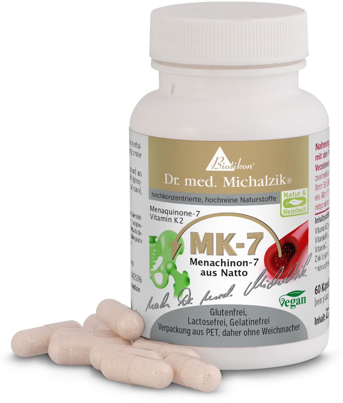 Envase de vidrio con cápsulas de Vitamina K2 MK-7, color blanco, 60 cápsulas visibles, vegano, sin gluten.