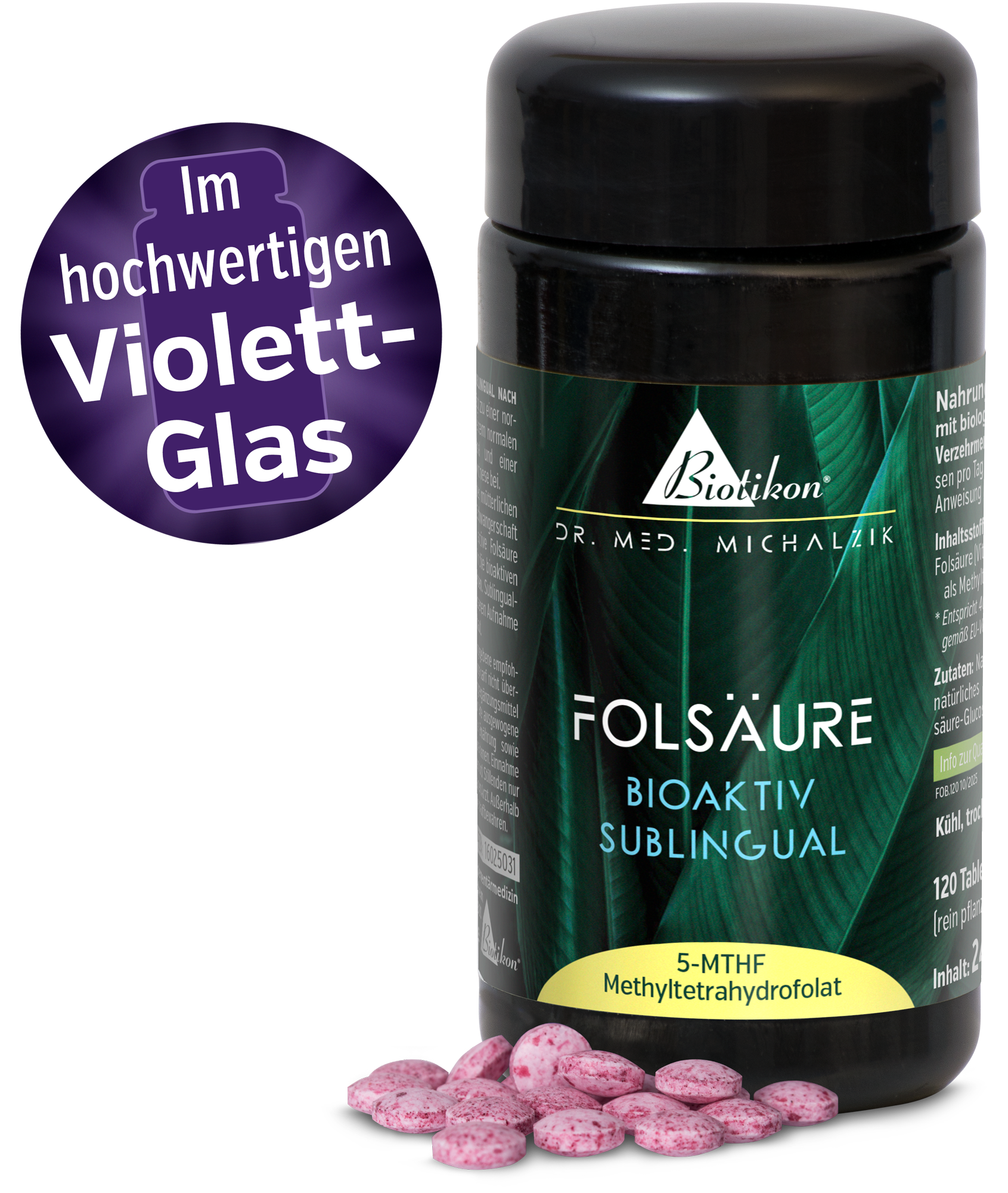 Folsäure-Kapseln im violetten Glasbehälter, 120 Stück, pinke Kapseln auf dem Tisch.