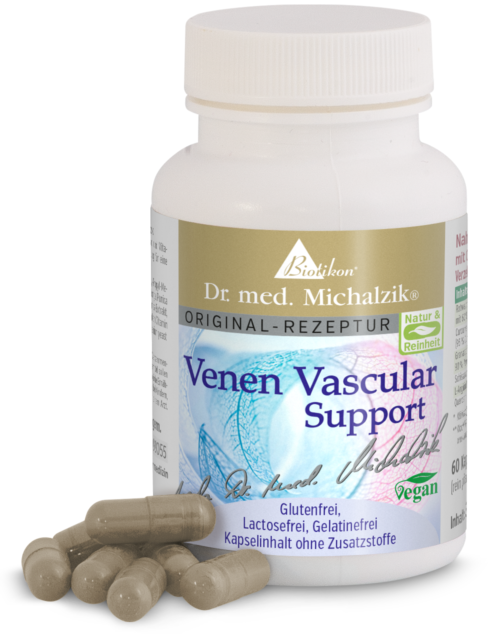 Soporte Vascular de Venas – 60 Cápsulas Soporte Vascular de Venas en una botella blanca con 60 cápsulas, veganas, sin gluten, cápsulas en color beige.