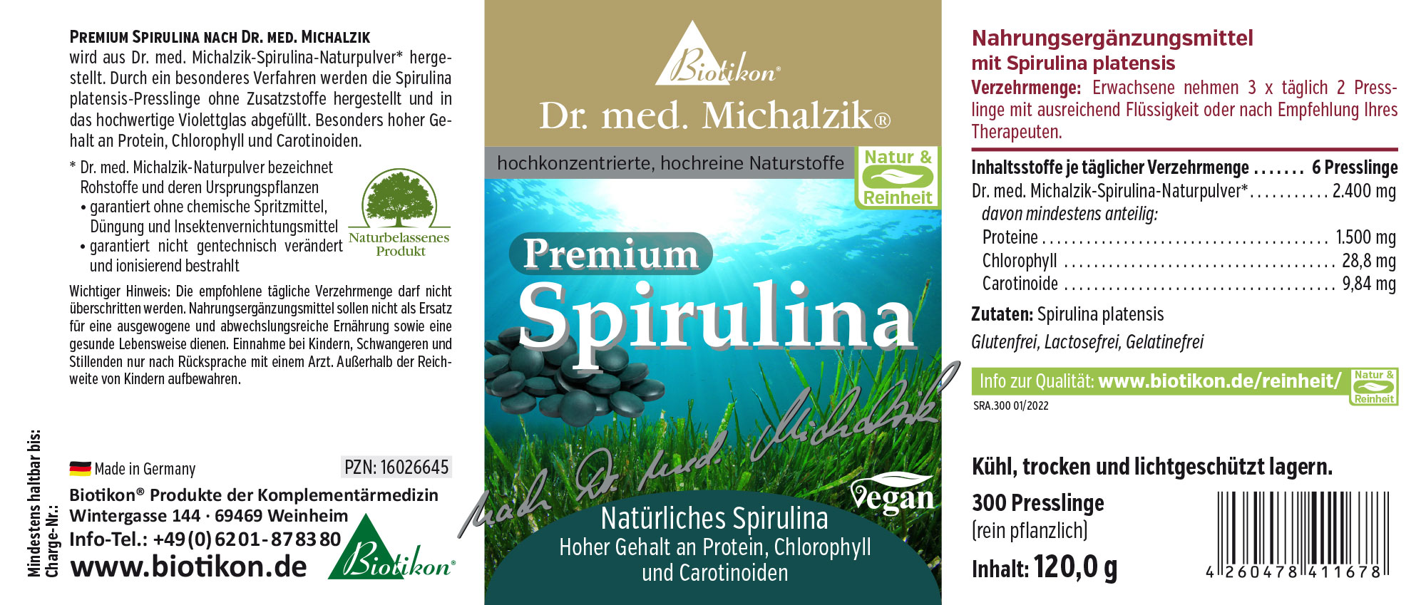 Etiqueta de Spirulina Premium Suplemento alimenticio Spirulina, 300 tabletas, 120 g, envase verde, a base de ingredientes vegetales.