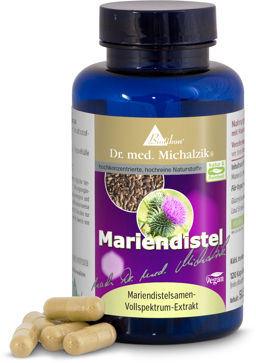 Cardo mariano 120 cápsulas – Extracto de espectro completo Botella azul con extracto de semillas de cardo mariano, 120 cápsulas veganas, cápsulas beige en primer plano.