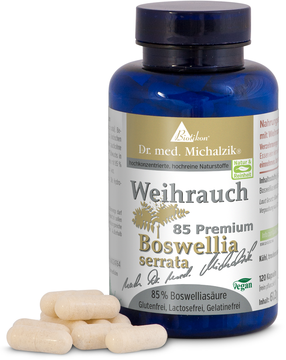 Weihrauch 85 Premium – Cápsulas Botella con 120 cápsulas de Weihrauch, Boswellia serrata, cápsulas veganas de color crema, vista frontal