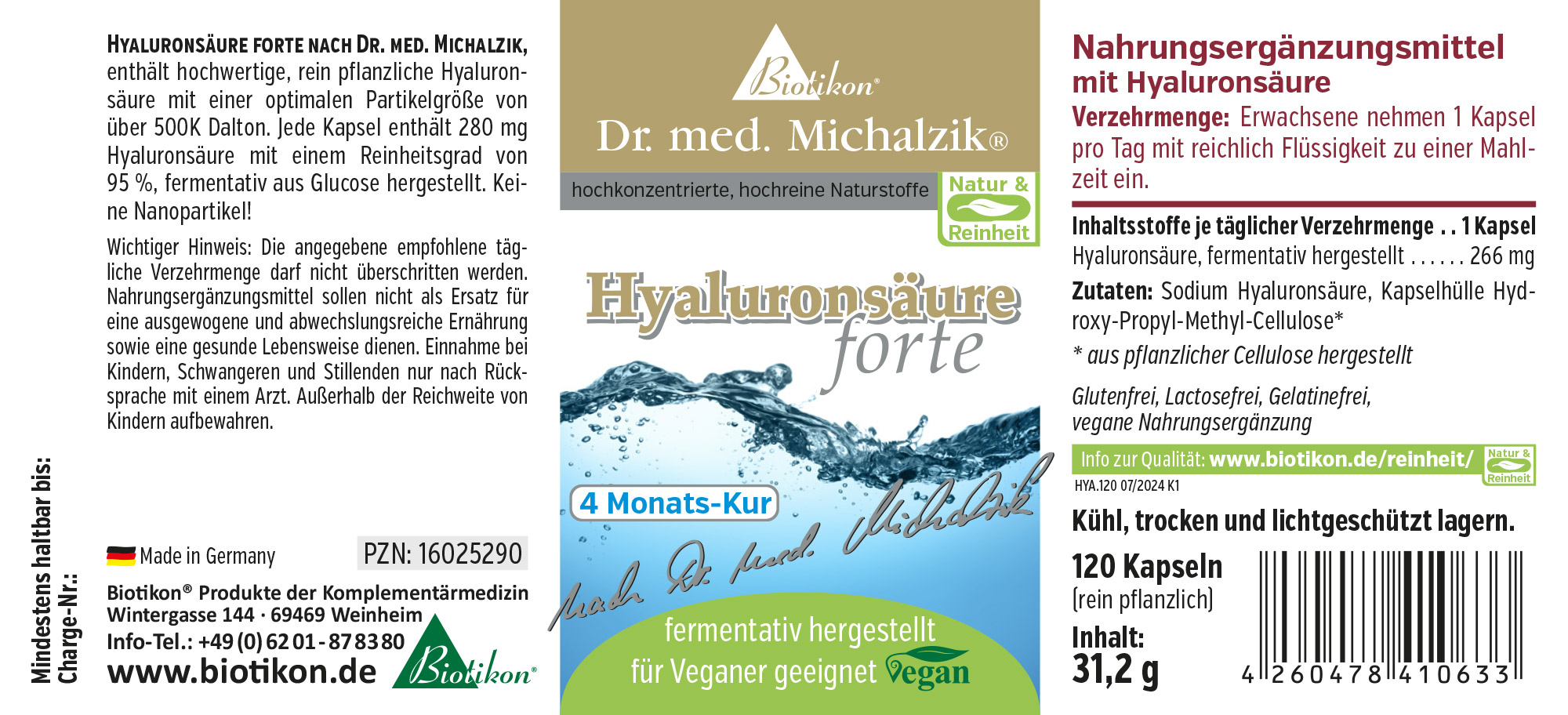 Ácido hialurónico forte – 120 cápsulas Suplemento de ácido hialurónico, 120 cápsulas vegetales, envase azul-verde, visto de lado.