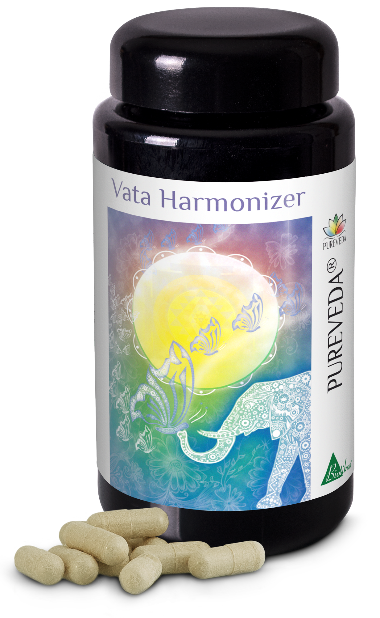 Harmonizador Vata – Cápsulas Botella negra con cápsulas Harmonizador Vata, 60 cápsulas en total, cápsulas de color beige sobre la mesa.