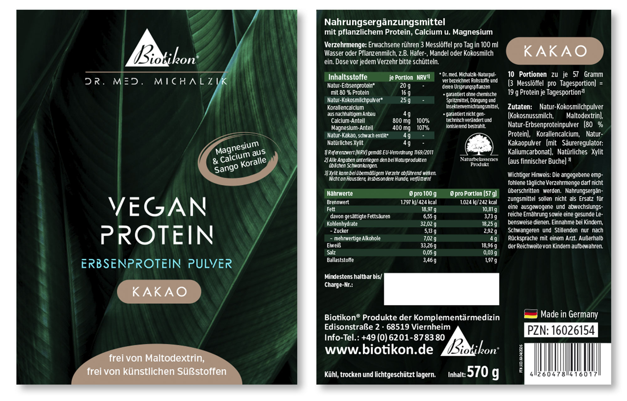 Proteína vegetal en polvo en un envase de 570 g, color marrón, detalles del producto visibles, vista lateral.