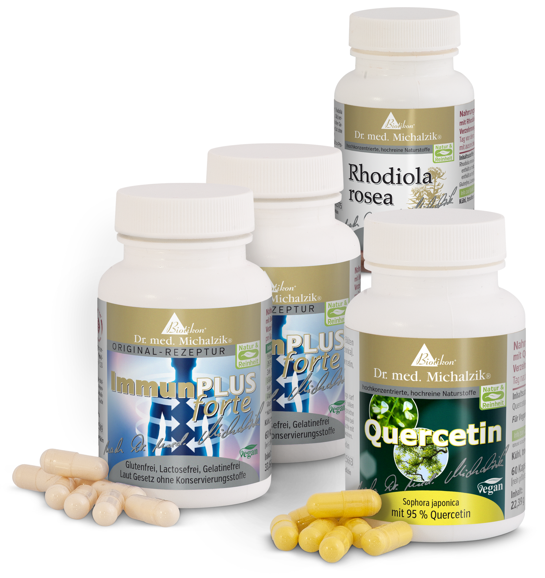 Cápsulas ImmunPLUS forte en empaque blanco, 360 piezas, sin gluten y sin gelatina, junto con cápsulas de quercetina.