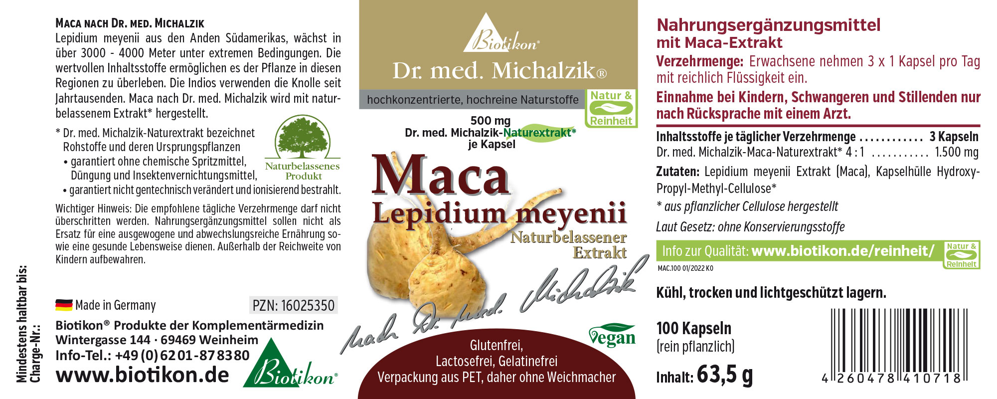 Suplemento de Maca en cápsulas, 100 unidades, empaque natural, contenido amarillo-marrón, presentado en perspectiva.