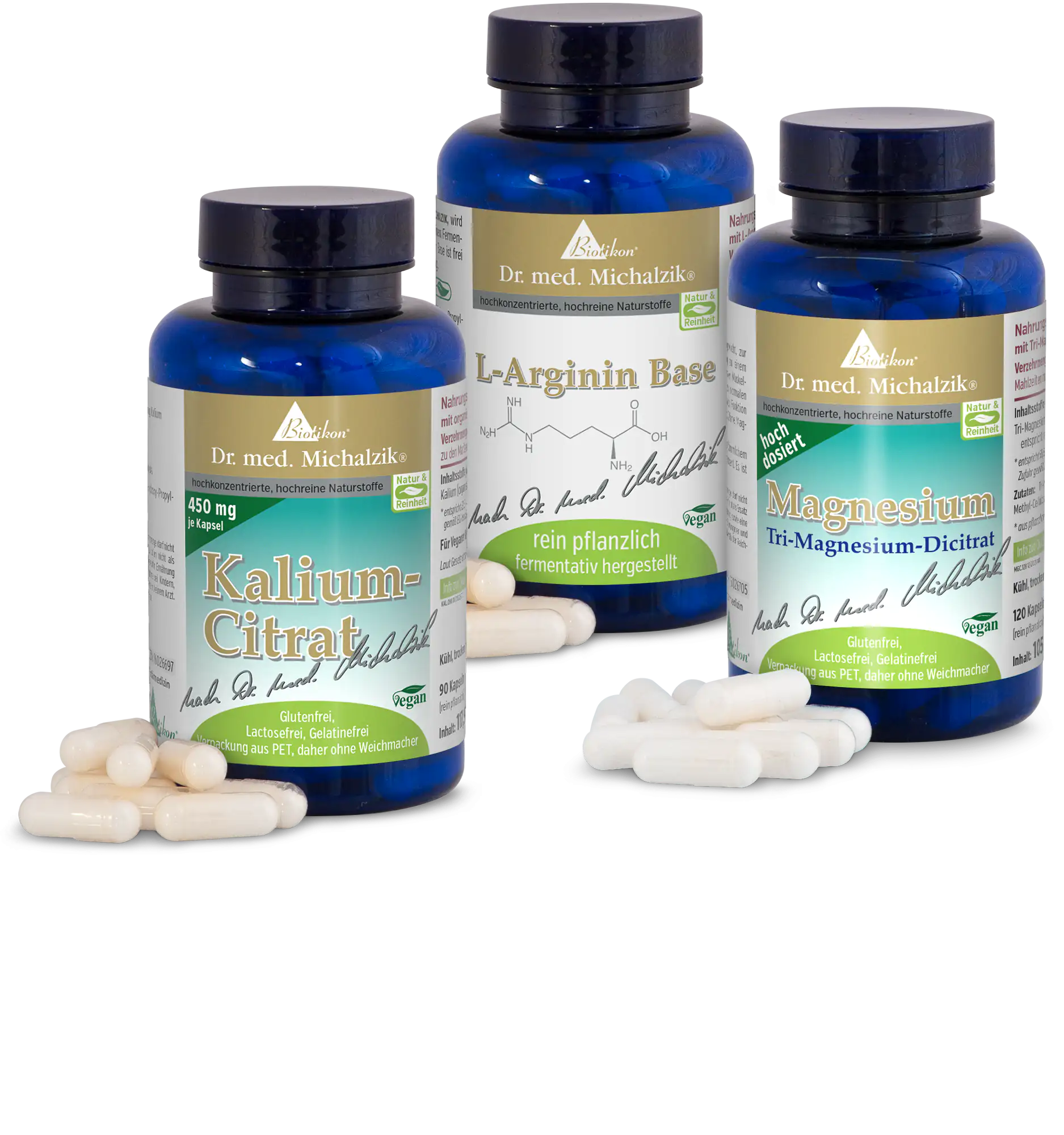 Tres botellas de suplementos: Citrato de potasio, L-arginina, Magnesio, con cápsulas y vista de las etiquetas.