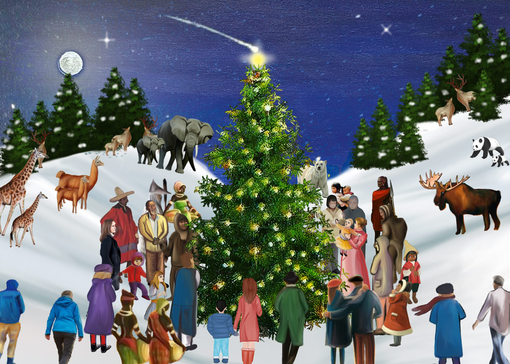 Escenas Navideñas – Ilustración con Animales Colorida ilustración navideña con un gran árbol decorado, varias personas y diferentes animales en la nieve, bajo un cielo nocturno.