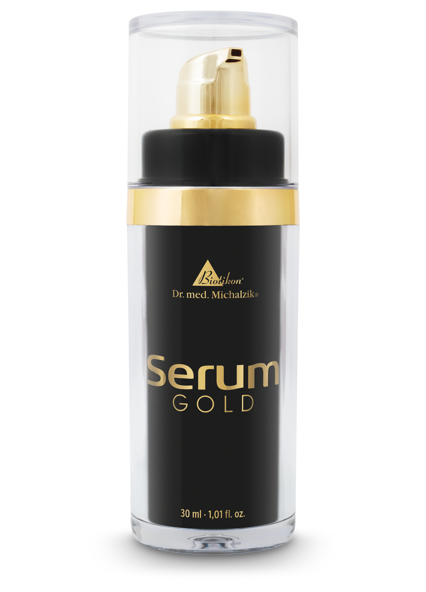 Sérum Facial de Oro – 30 ml Sérum Facial de Oro en botella negra, 30 ml, con acentos dorados, dispensador de bomba.