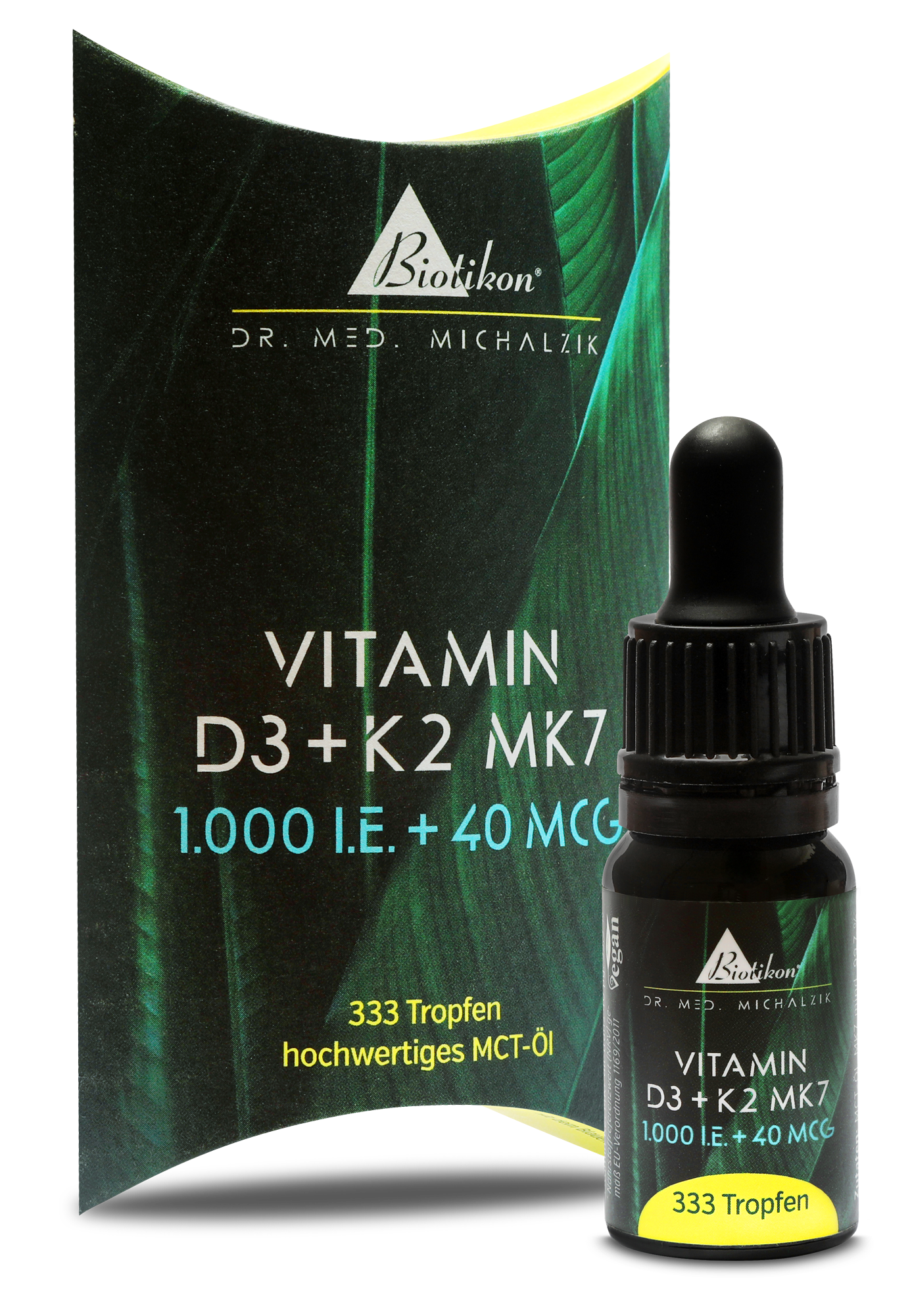 Gotas de vitamina D3 y K2 MK7, 333 gotas en un frasco oscuro con pipeta, rodeado de un envase colorido.