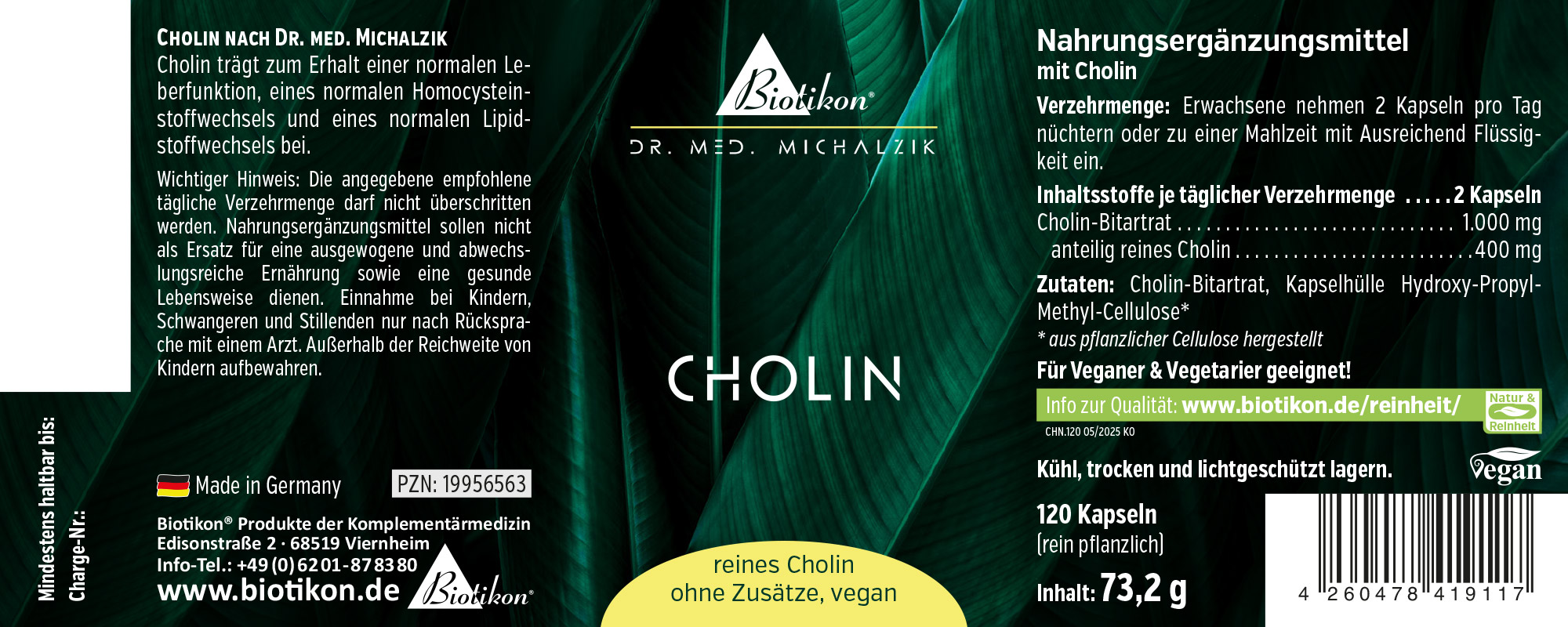 Suplemento de colina en cápsulas, 120 piezas en un envase verde, vegano y 100% vegetal.