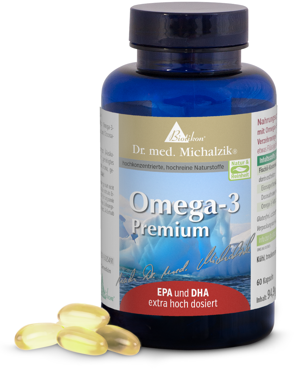 Omega-3 Premium - 60 cápsulas Botella con cápsulas de Omega-3, azul, 60 unidades, perspectiva. Cápsulas beige.