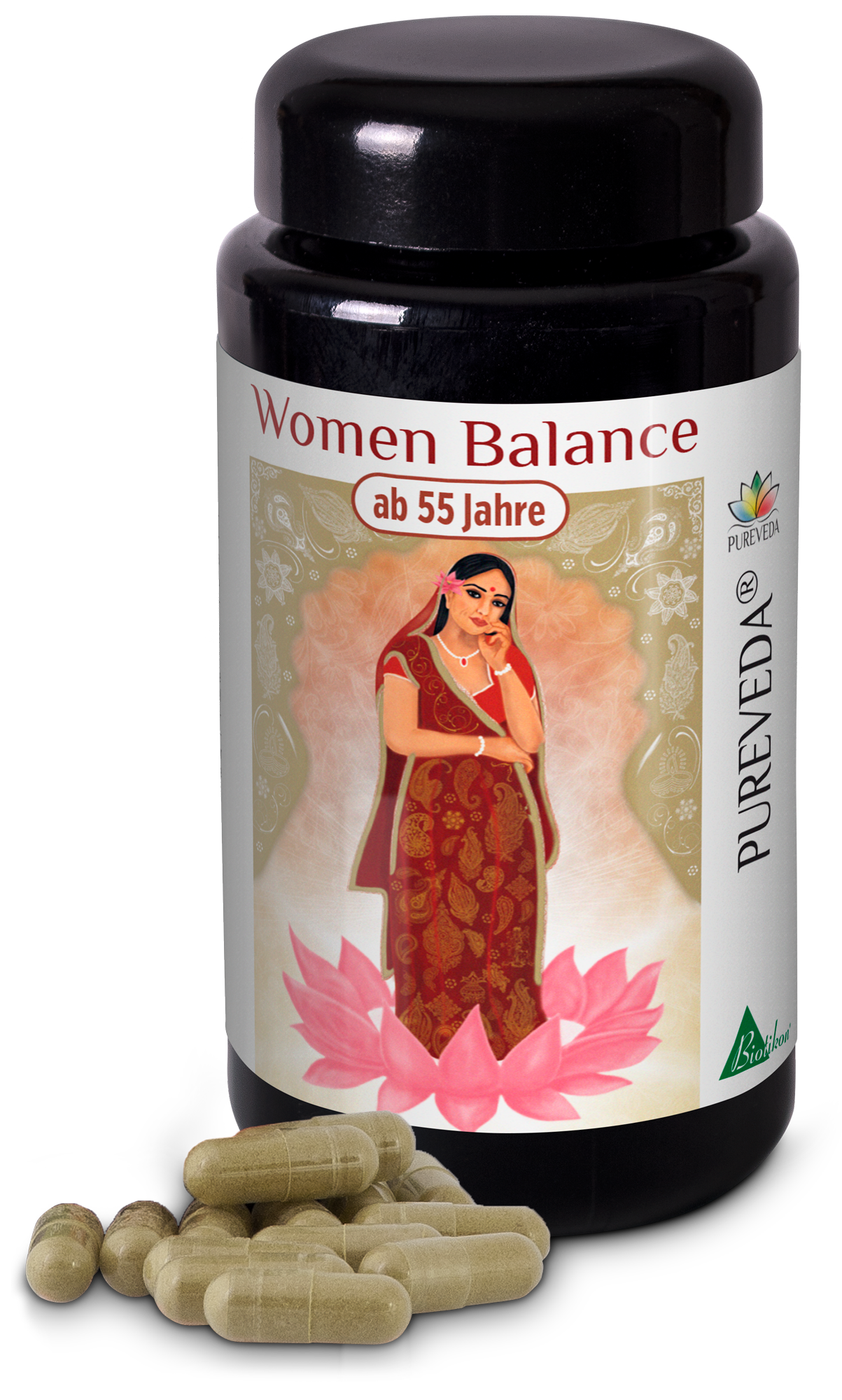 Mujeres Balance – Cápsulas para mayores de 55 años Botella marrón oscuro con cápsulas, 60 unidades, para mujeres mayores de 55 años, con packaging decorativo.