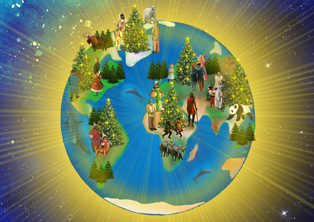 Mapa mundial con árboles de Navidad – diseño festivo Mapa mundial colorido con árboles de Navidad, animales y figuras humanas de diversas culturas, fondo brillante.