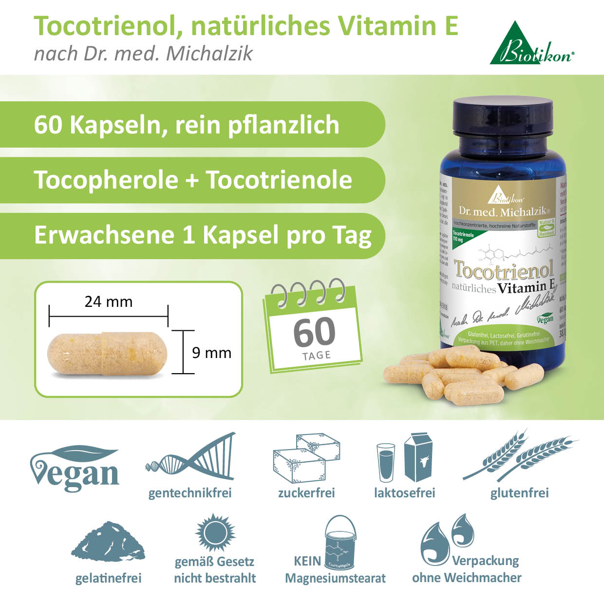 Tocotrienoles 60 Cápsulas - vitamina E natural 60 cápsulas vegetales para adultos, tocotrienoles, beige, en envase verde botella.