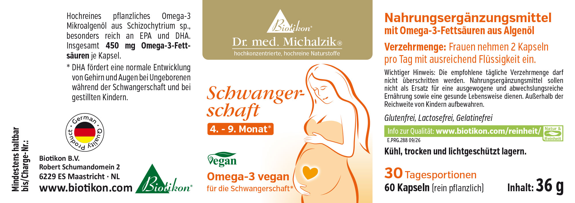 Ácidos grasos Omega-3 570 mg – Cápsulas Suplemento dietético en cápsulas, 30 unidades, vegano, con Omega-3 puro de aceite de algas, empaque en colores brillantes.