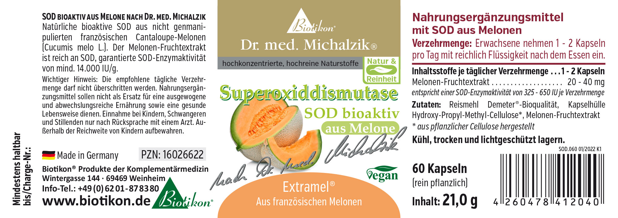 Suplemento SOD de melón, 60 cápsulas, envase de colores claros, imagen frutal.