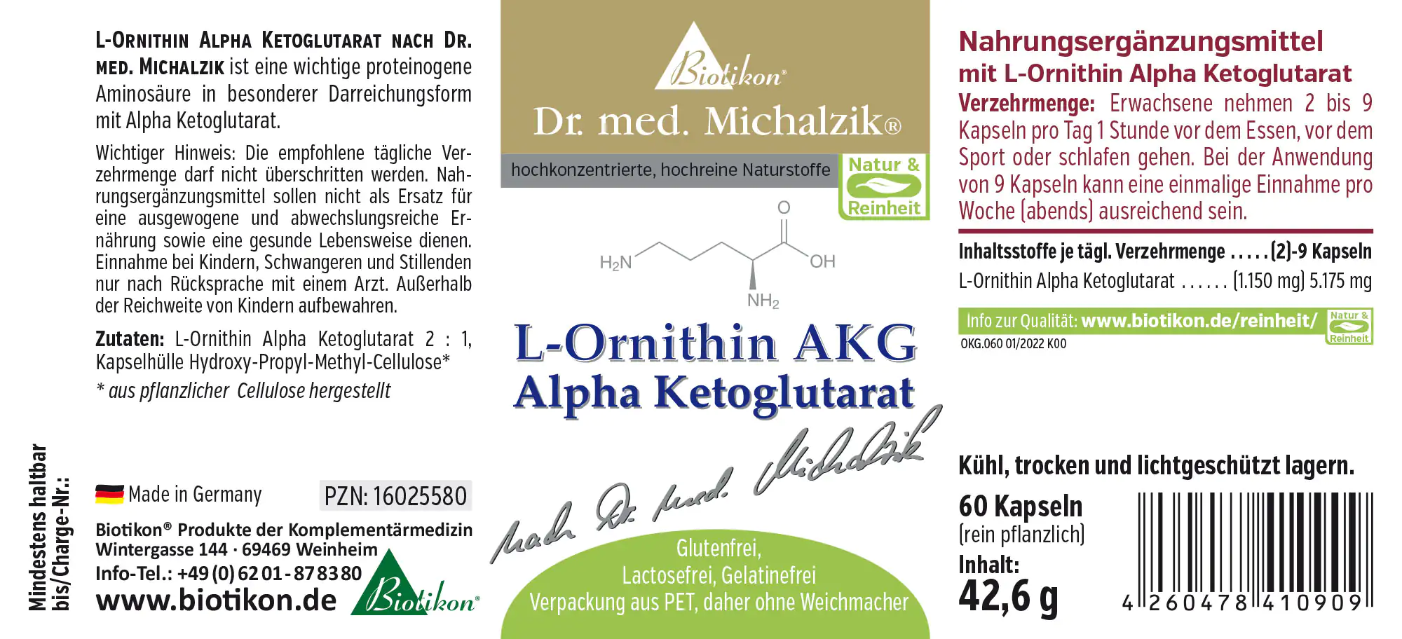 L-Ornitina AKG – 60 cápsulas L-Ornitina Alfa Cetoglutarato en un envase de 60 cápsulas, gris y dorado, elaborado con ingredientes vegetales.