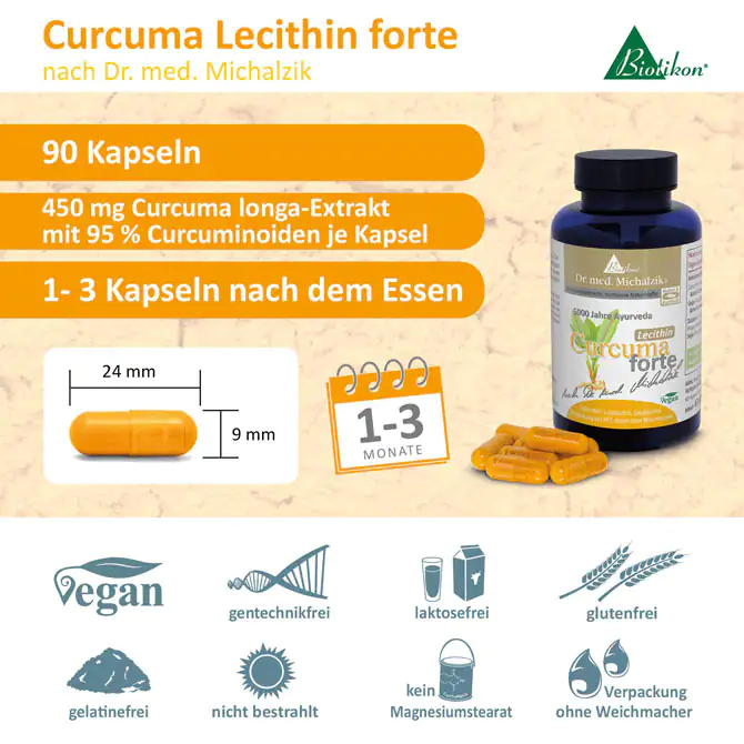 90 cápsulas de Curcuma Lecitina Forte con 450 mg de extracto de Curcuma longa en botella azul.