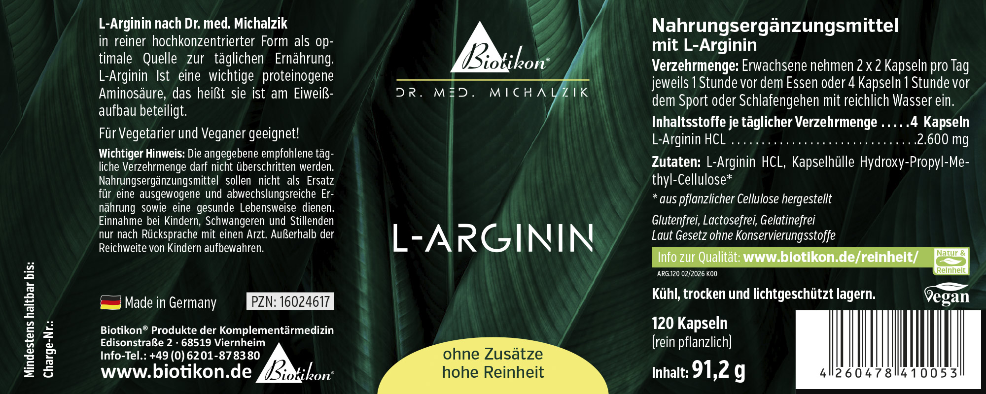 Suplemento de L-arginina en cápsulas, 120 unidades, con empaque de diseño verde y blanco.