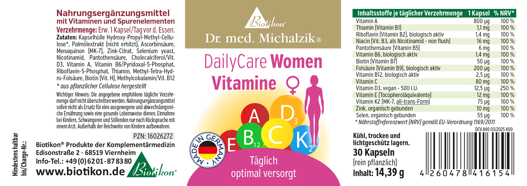 vitamine DailyCare para mujeres – 30 cápsulas Suplemento alimenticio para mujeres, 30 cápsulas, empaque colorido, vista lateral.
