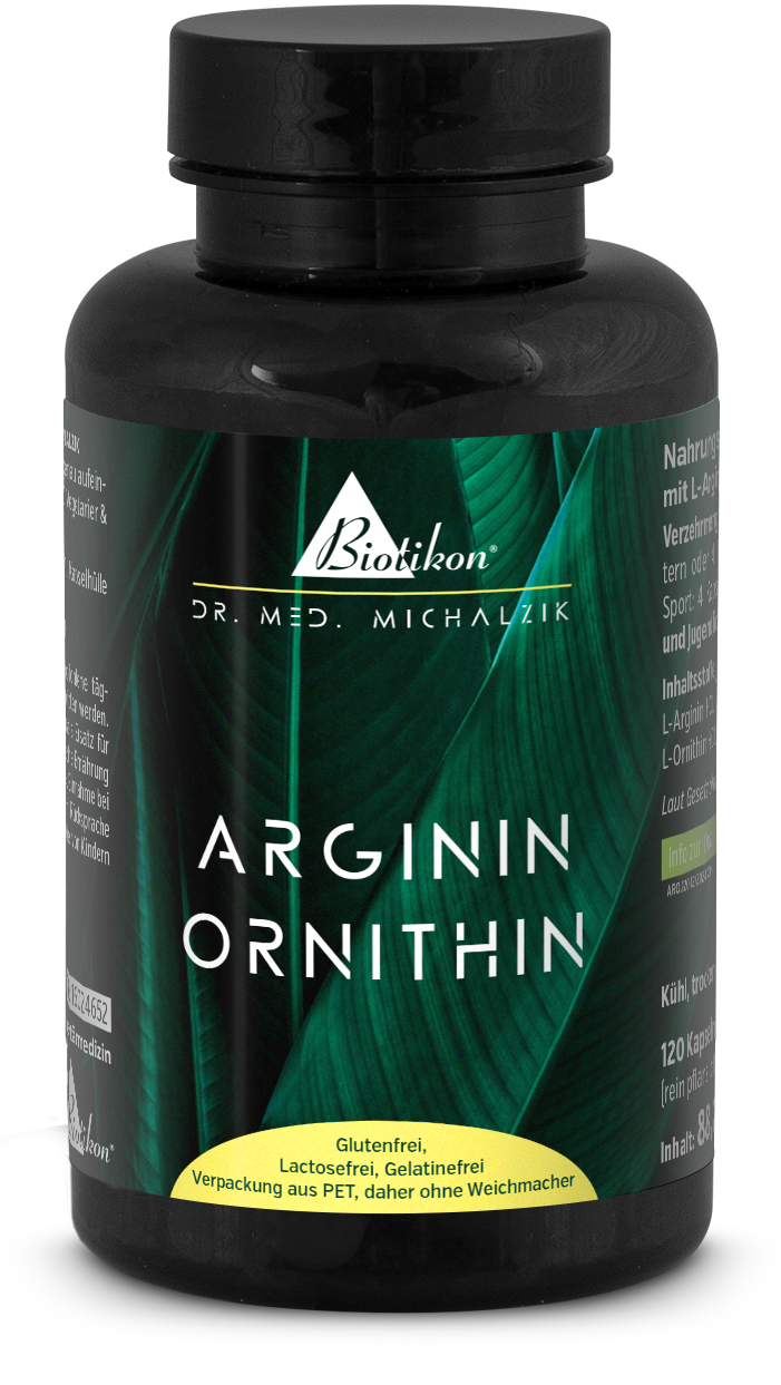 Arginina Ornithina – 120 Cápsulas Recipiente de cápsulas negras con etiqueta verde, 120 cápsulas, sin gluten, sin lactosa, sin gelatina.