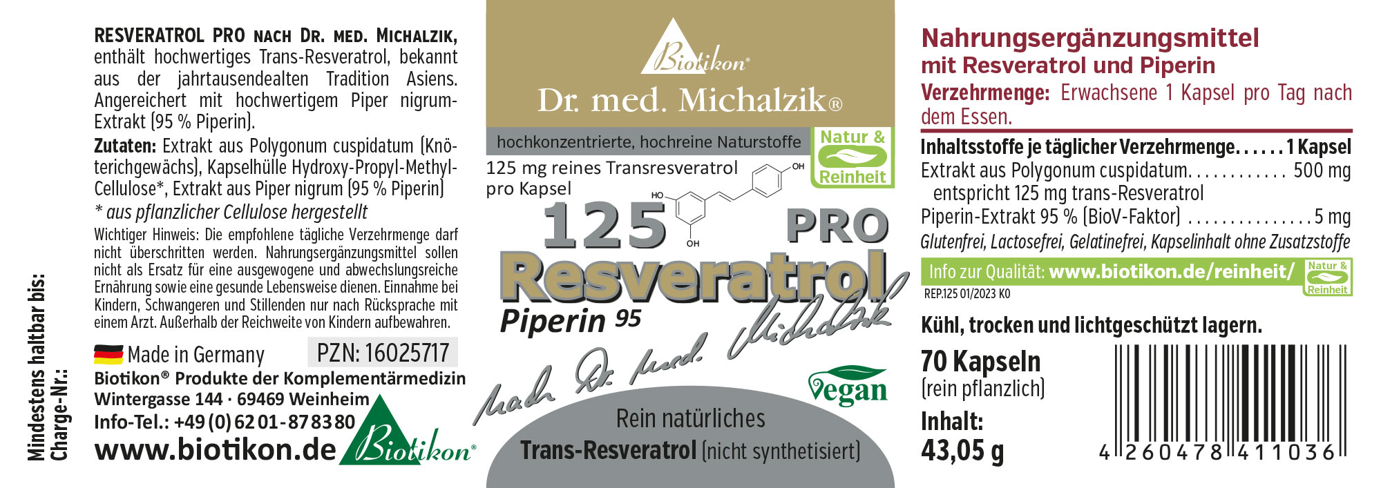 Suplemento dietético en cápsulas, 70 unidades, con 125 mg de Trans-Resveratrol y 95 % de Piperina, en un envase oscuro.