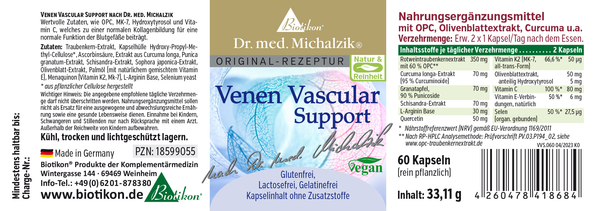 Soporte Vascular de Venas – 60 Cápsulas Suplemento dietético en cápsulas, 60 piezas, envase transparente, vegano, de color verde claro y azul.