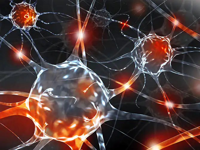 Red neuronal Gráfica de neuronas con conexiones brillantes en naranja y blanco sobre fondo oscuro.