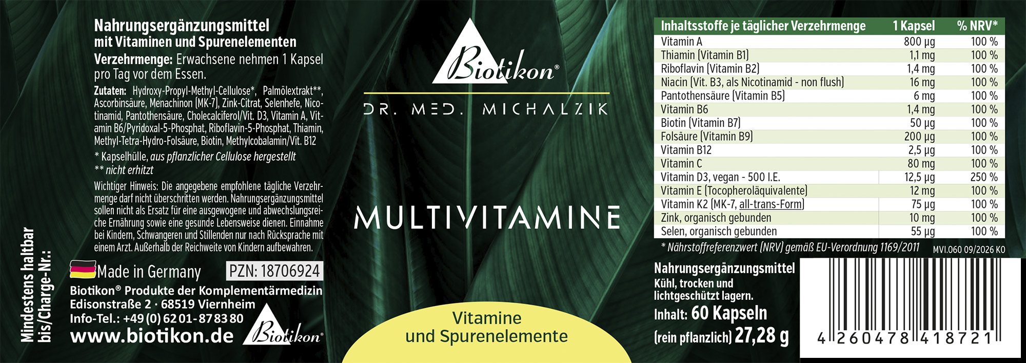 Multivitaminas 60 Cápsulas Envase con 60 cápsulas de suplemento alimenticio multivitaminas, veganas