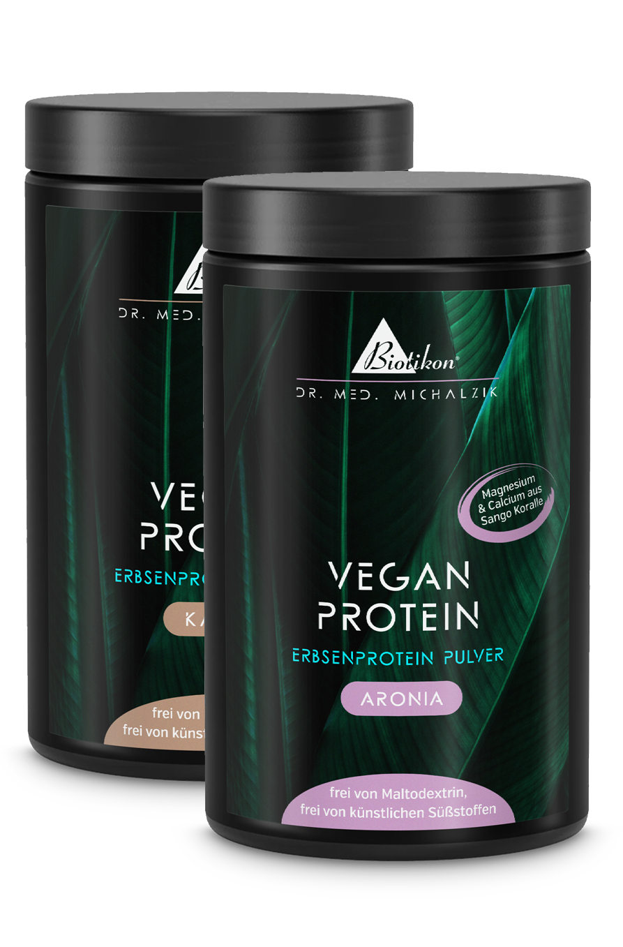 Dos tarros de proteína en polvo vegetal en blanco, sabores Aronia y cacao, 400 g.