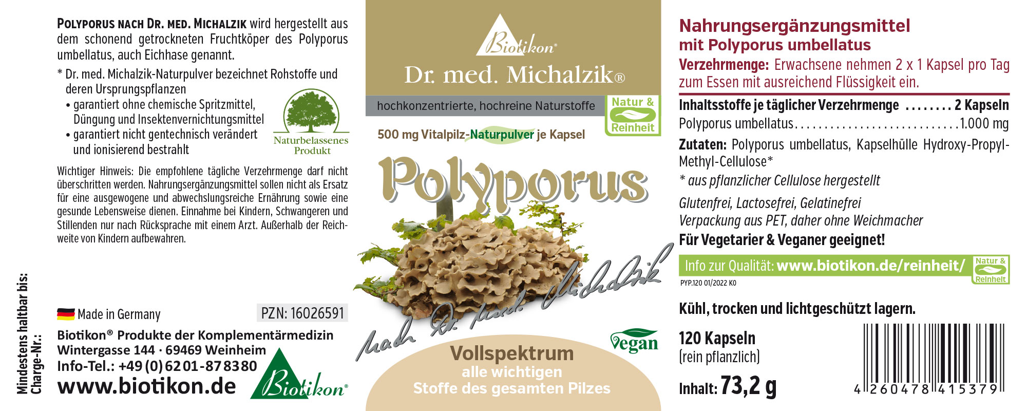 Suplemento dietético Polyporus umbellatus, 120 cápsulas en envase transparente, cápsulas beige.