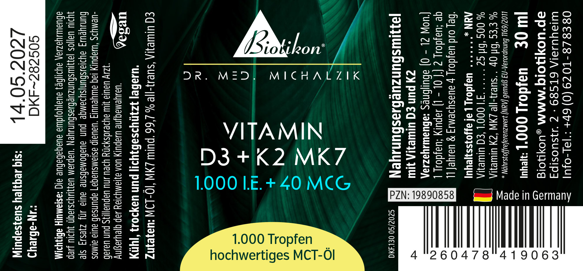 Botella de 30 ml de vitamina D3 y K2 MK7 en forma de gotas, envase verde, vegano.