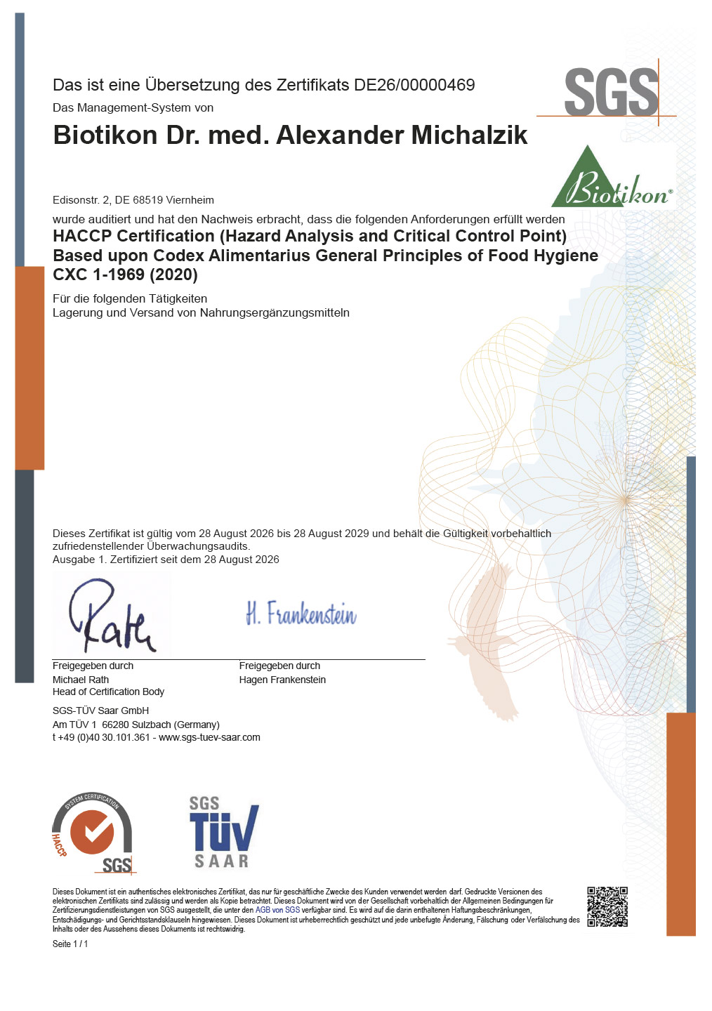 Certificado HACCP - Biotikon Certificado HACCP de Biotikon, gráfico con detalles, incluyendo logo, notas de examen y fecha de validez.