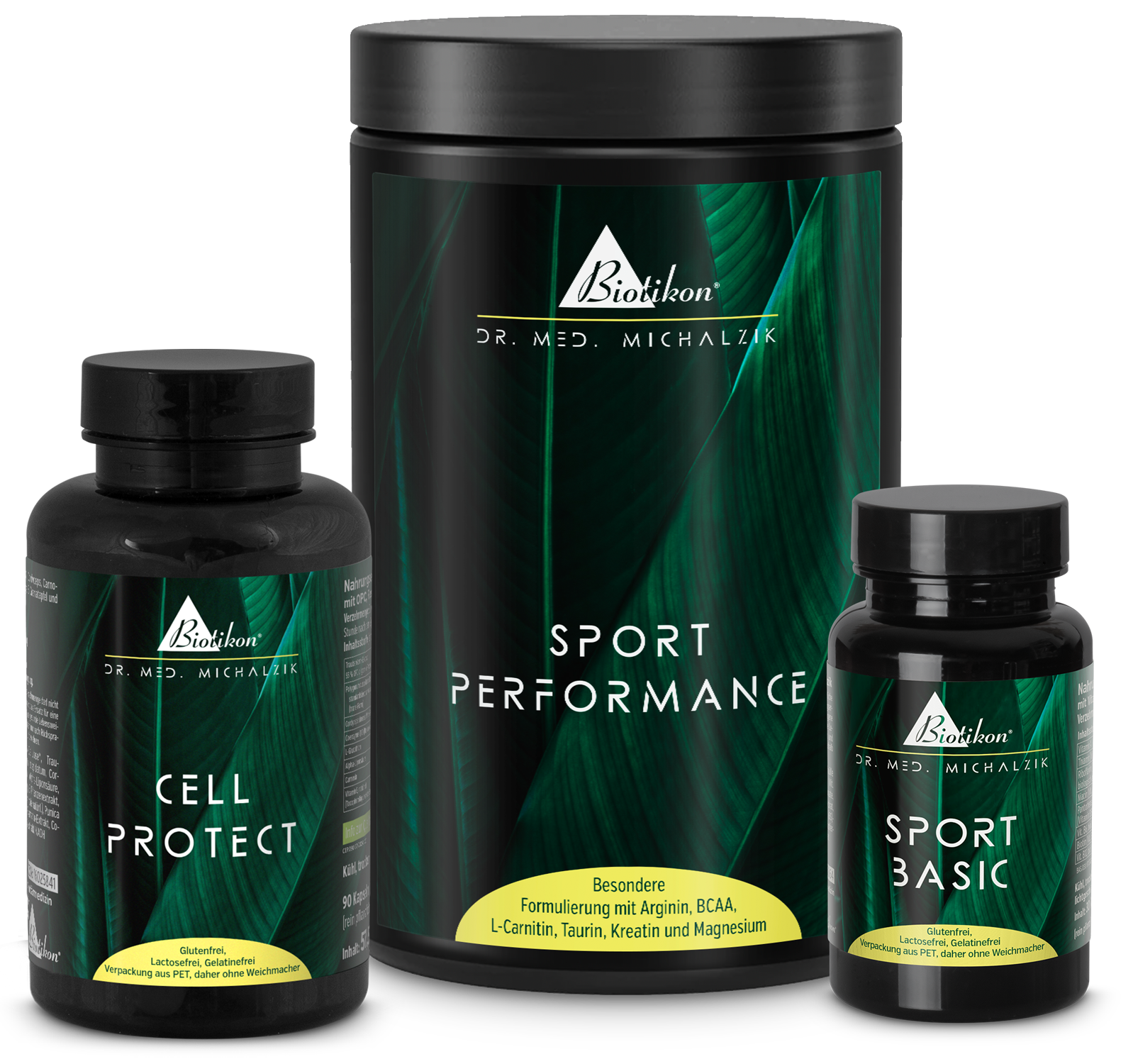 Tres suplementos: cápsulas Cell Protect, Polvo Rendimiento Deportivo 300 g y cápsulas Sport Basic, todas en embalaje negro.