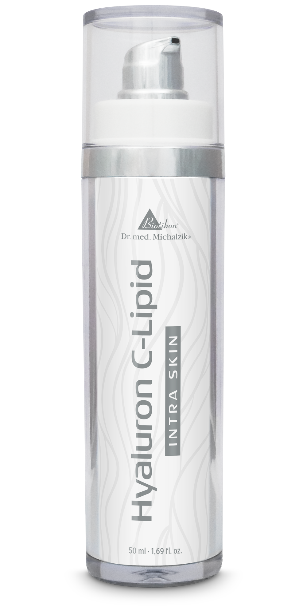 Crema facial Hyaluron C-Lipid en botella de bomba, 50 ml, transparente con punta plateada.