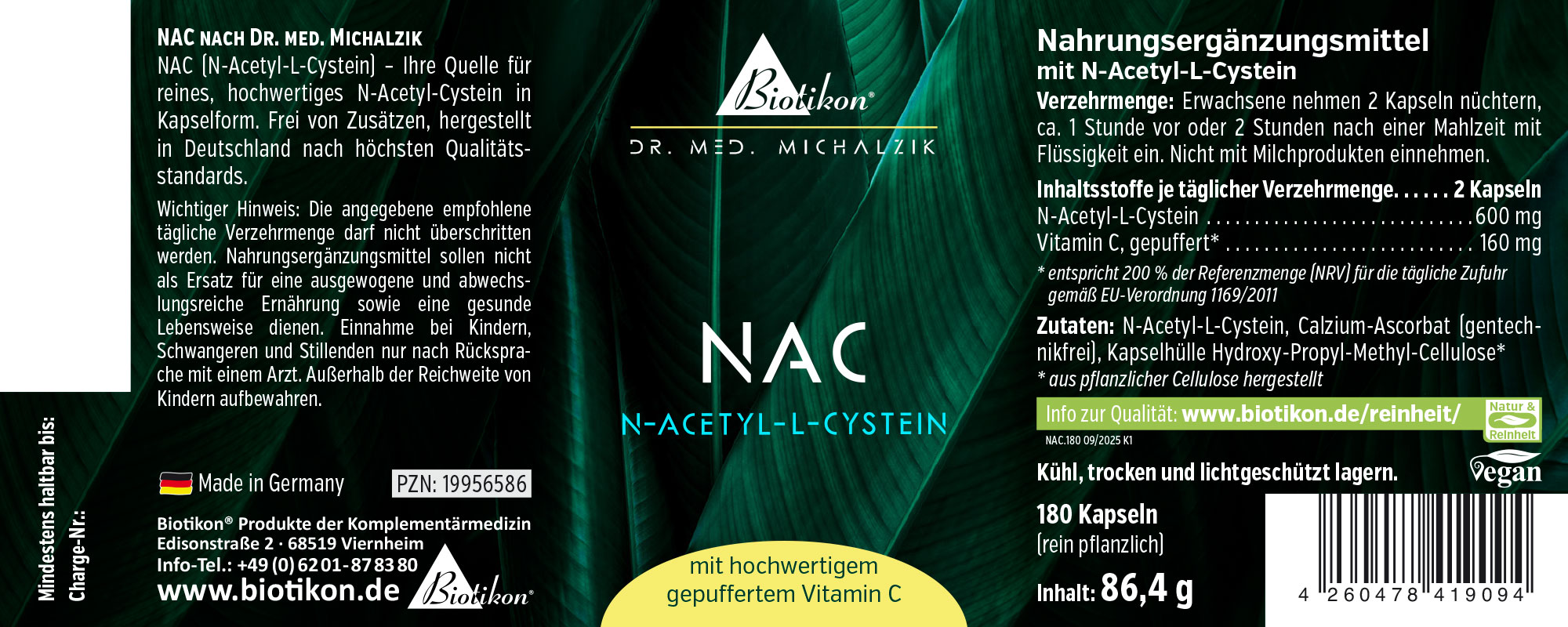 NAC N-Acetil-L-Cisteína – 180 Cápsulas NAC N-Acetil-L-Cisteína en envase oscuro, 180 cápsulas, calidad premium, vegano, fabricado en Alemania.