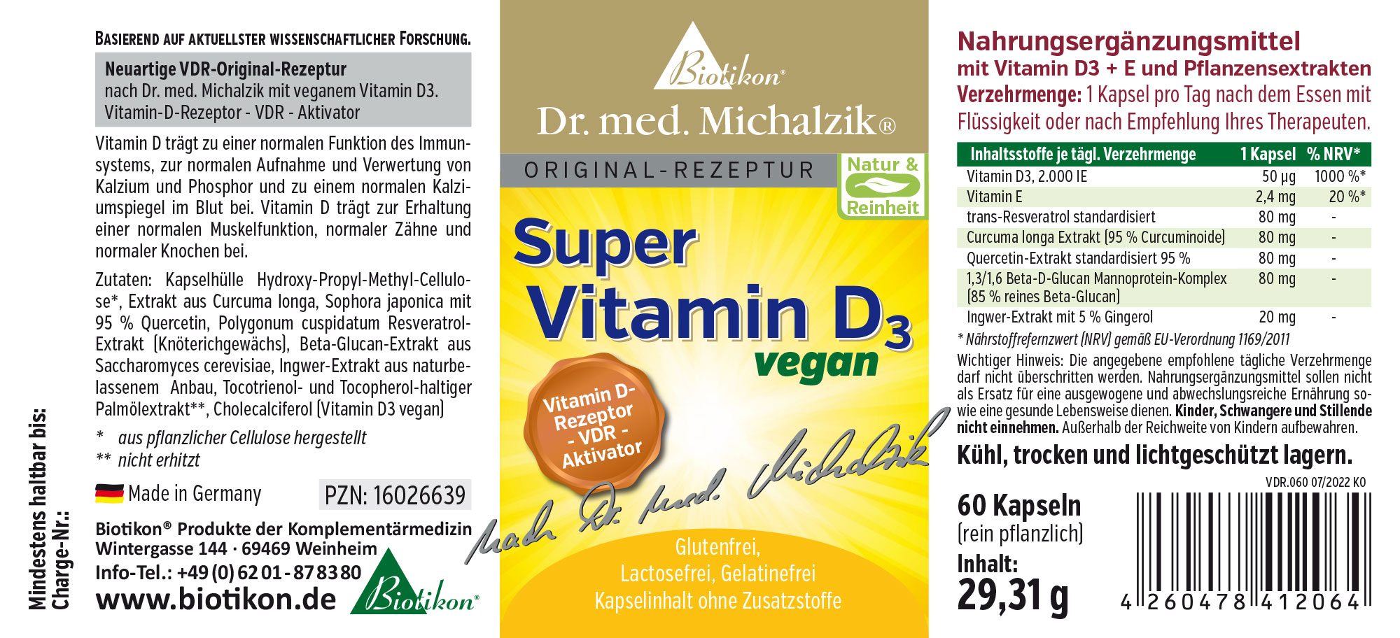 Envase de Super Vitamina D3, 60 cápsulas veganas, colores amarillo y verde, vista frontal