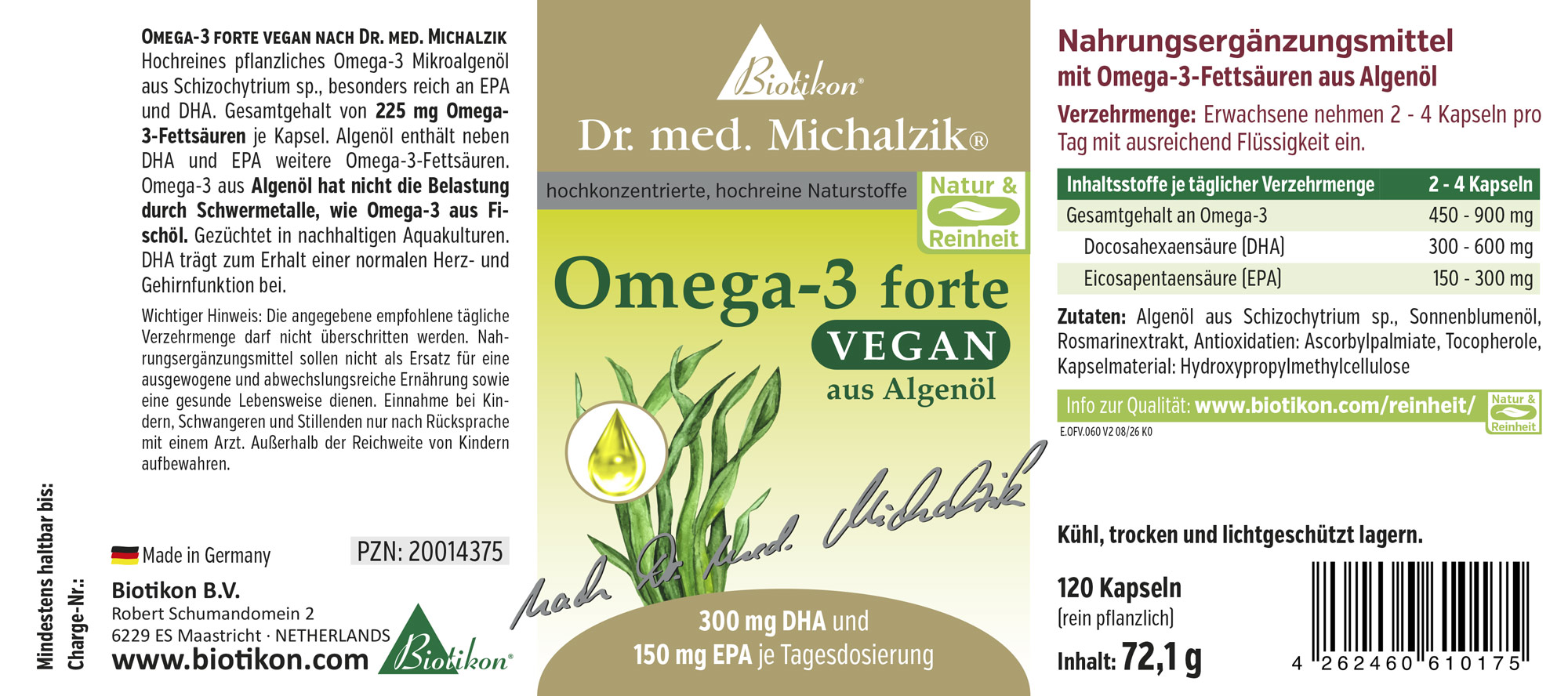 Omega-3 forte vegano Original según el Dr. med. Michalzik - Etiqueta 60 cápsulas
